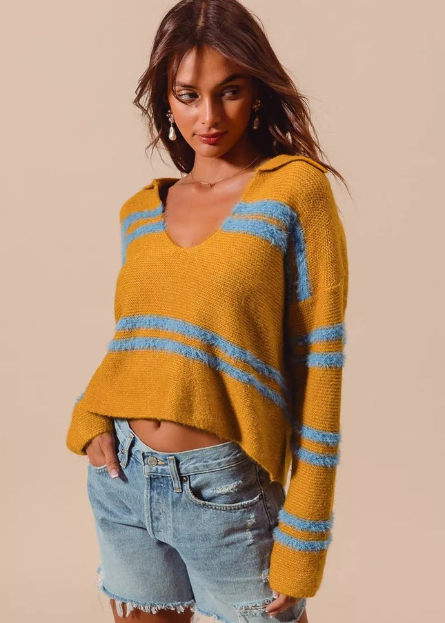 SO ME Fuzzy Hairy Stripe Deep U Neck Swetaer - Sleekdenim.com