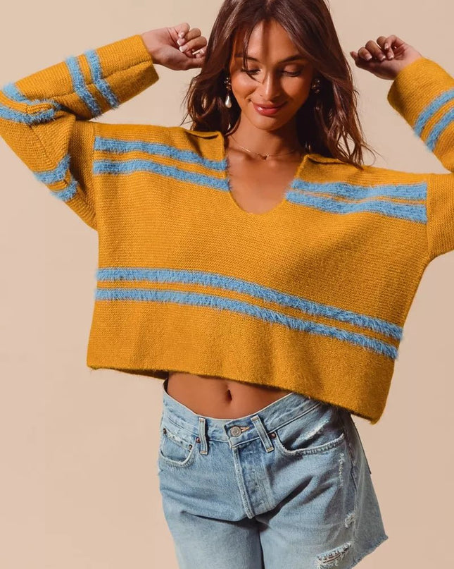 SO ME Fuzzy Hairy Stripe Deep U Neck Swetaer - Sleekdenim.com