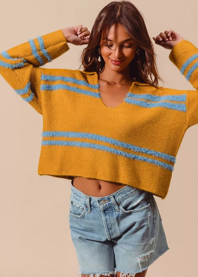 SO ME Fuzzy Hairy Stripe Deep U Neck Swetaer - Sleekdenim.com