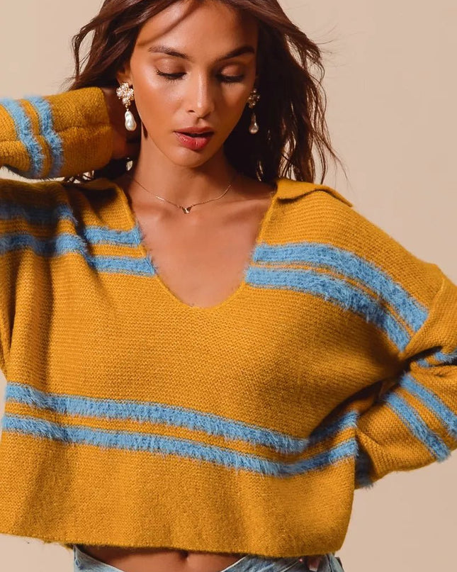 SO ME Fuzzy Hairy Stripe Deep U Neck Swetaer - Sleekdenim.com