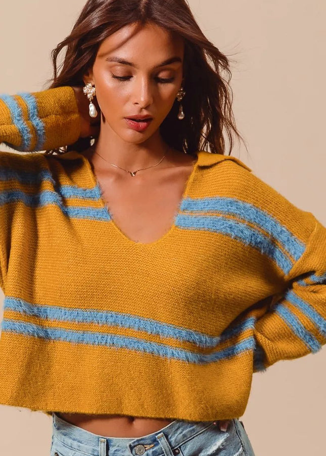 SO ME Fuzzy Hairy Stripe Deep U Neck Swetaer - Sleekdenim.com