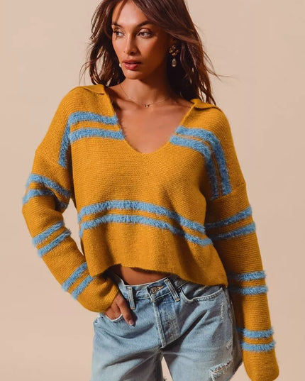 SO ME Fuzzy Hairy Stripe Deep U Neck Swetaer - Sleekdenim.com
