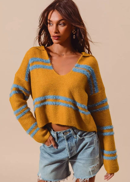 SO ME Fuzzy Hairy Stripe Deep U Neck Swetaer - Sleekdenim.com