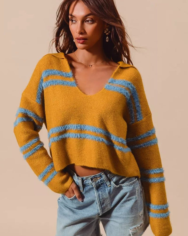 SO ME Fuzzy Hairy Stripe Deep U Neck Swetaer - Sleekdenim.com