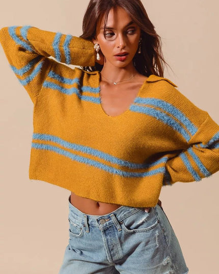 SO ME Fuzzy Hairy Stripe Deep U Neck Swetaer - Sleekdenim.com