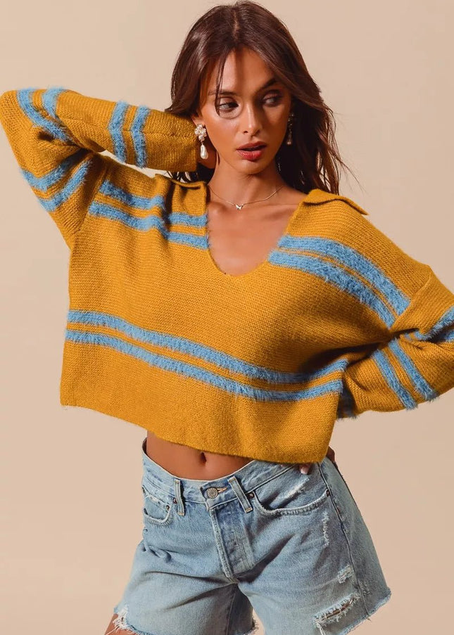 SO ME Fuzzy Hairy Stripe Deep U Neck Swetaer - Sleekdenim.com