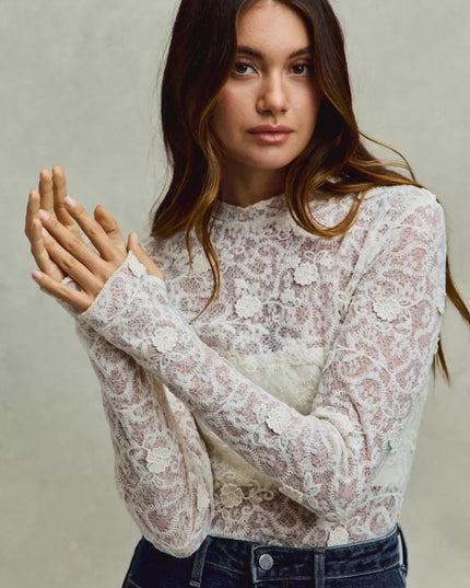 SO ME Lace Long Sleeve 3d Effect Floral Layering Top - Sleekdenim.com