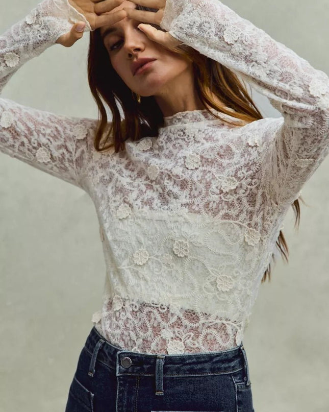 SO ME Lace Long Sleeve 3d Effect Floral Layering Top - Sleekdenim.com