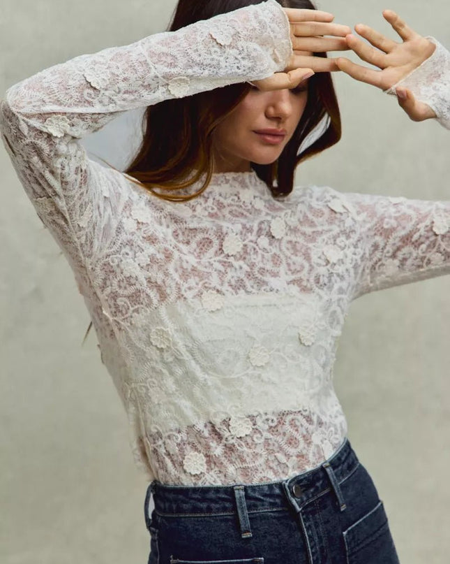 SO ME Lace Long Sleeve 3d Effect Floral Layering Top - Sleekdenim.com