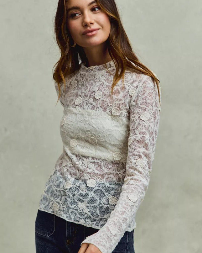 SO ME Lace Long Sleeve 3d Effect Floral Layering Top - Sleekdenim.com