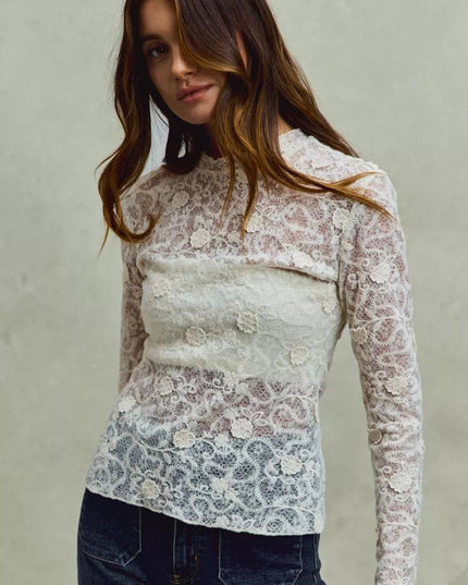 SO ME Lace Long Sleeve 3d Effect Floral Layering Top - Sleekdenim.com