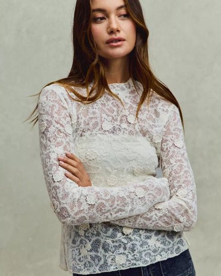 SO ME Lace Long Sleeve 3d Effect Floral Layering Top - Sleekdenim.com