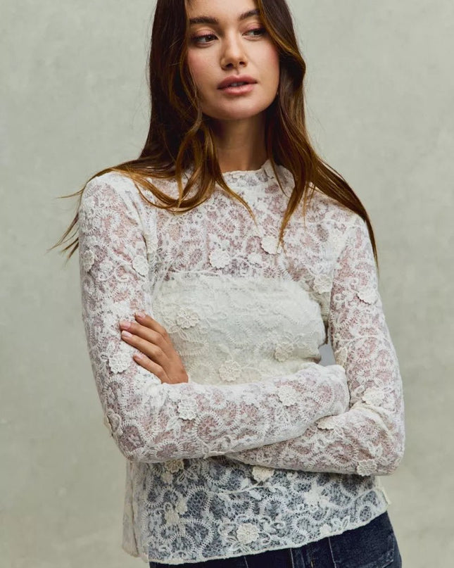 SO ME Lace Long Sleeve 3d Effect Floral Layering Top - Sleekdenim.com