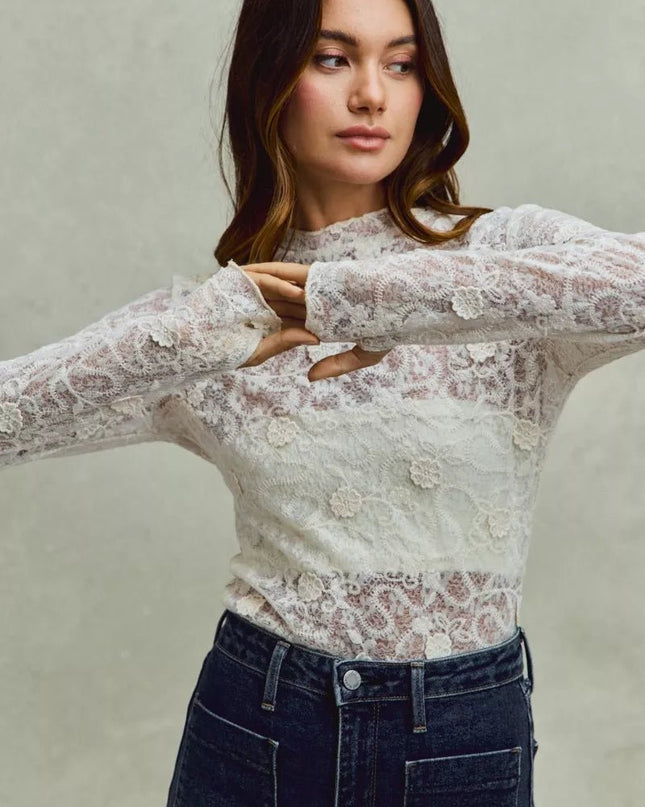 SO ME Lace Long Sleeve 3d Effect Floral Layering Top - Sleekdenim.com