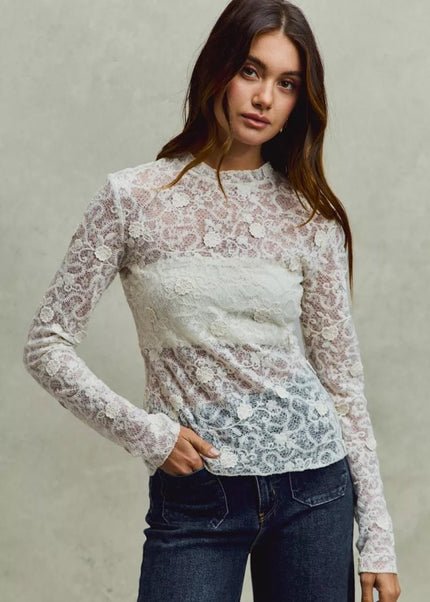 SO ME Lace Long Sleeve 3d Effect Floral Layering Top - Sleekdenim.com