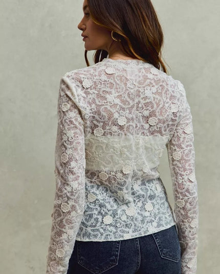 SO ME Lace Long Sleeve 3d Effect Floral Layering Top - Sleekdenim.com