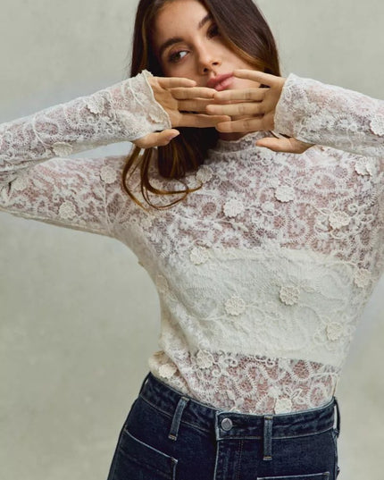 SO ME Lace Long Sleeve 3d Effect Floral Layering Top - Sleekdenim.com