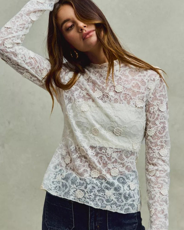 SO ME Lace Long Sleeve 3d Effect Floral Layering Top - Sleekdenim.com