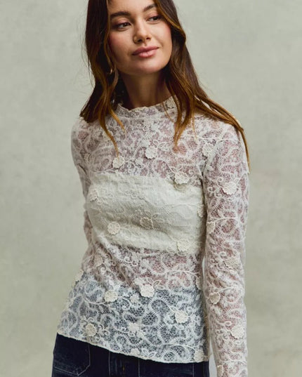 SO ME Lace Long Sleeve 3d Effect Floral Layering Top - Sleekdenim.com