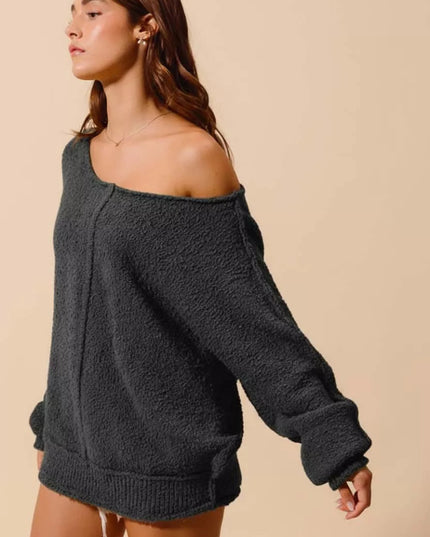SO ME Loose Fit Exposed Seam Slouchy Boucle Sweater - Sleekdenim.com