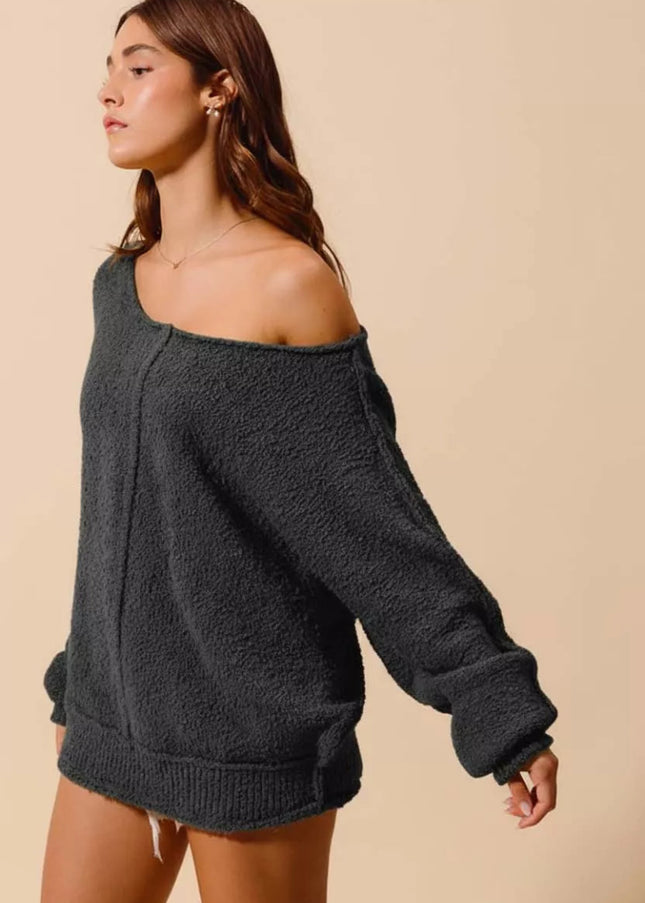 SO ME Loose Fit Exposed Seam Slouchy Boucle Sweater - Sleekdenim.com