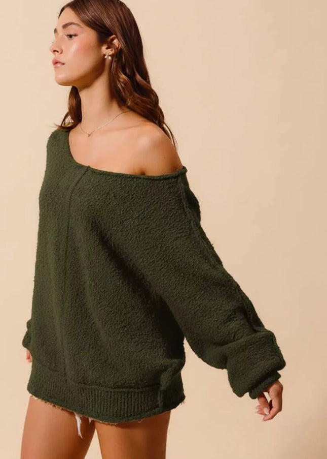 SO ME Loose Fit Exposed Seam Slouchy Boucle Sweater - Sleekdenim.com