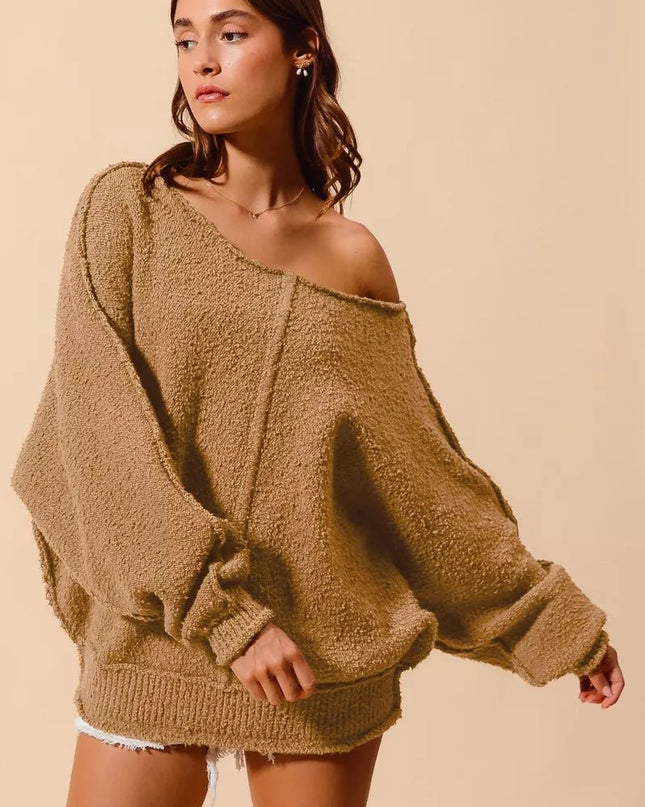 SO ME Loose Fit Exposed Seam Slouchy Boucle Sweater - Sleekdenim.com