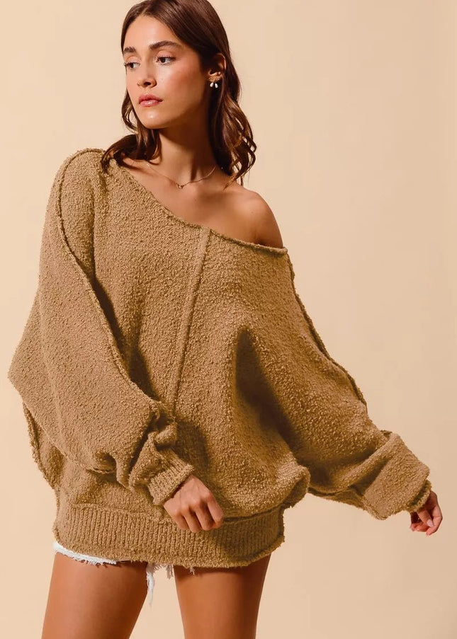 SO ME Loose Fit Exposed Seam Slouchy Boucle Sweater - Sleekdenim.com
