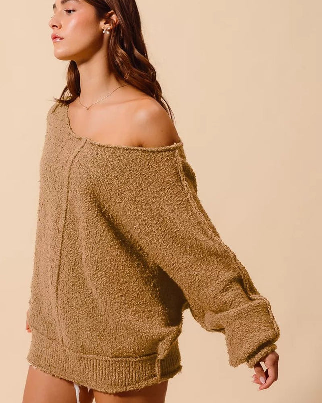 SO ME Loose Fit Exposed Seam Slouchy Boucle Sweater - Sleekdenim.com