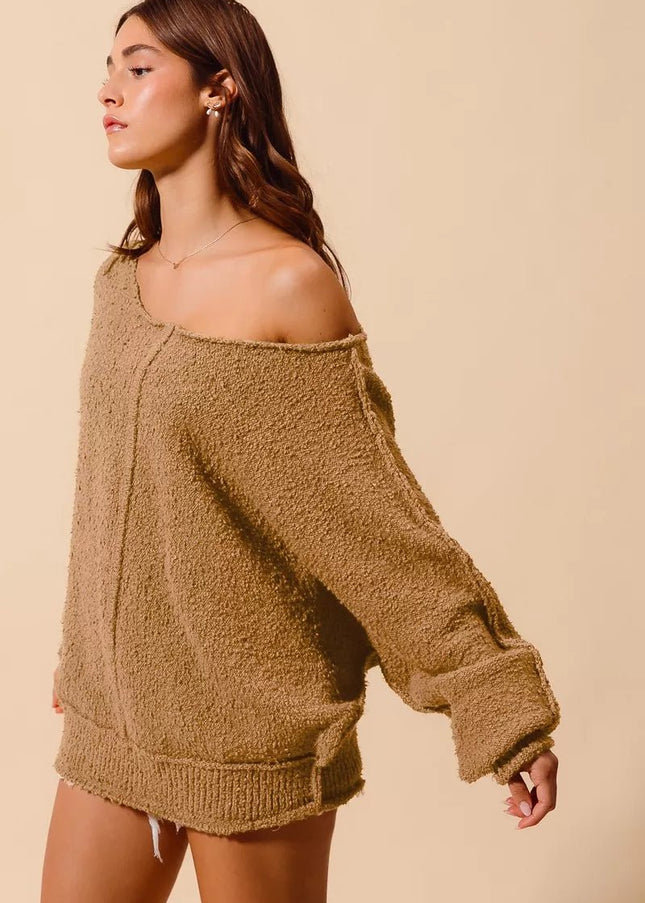 SO ME Loose Fit Exposed Seam Slouchy Boucle Sweater - Sleekdenim.com
