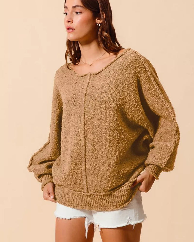 SO ME Loose Fit Exposed Seam Slouchy Boucle Sweater - Sleekdenim.com