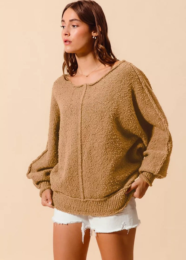 SO ME Loose Fit Exposed Seam Slouchy Boucle Sweater - Sleekdenim.com