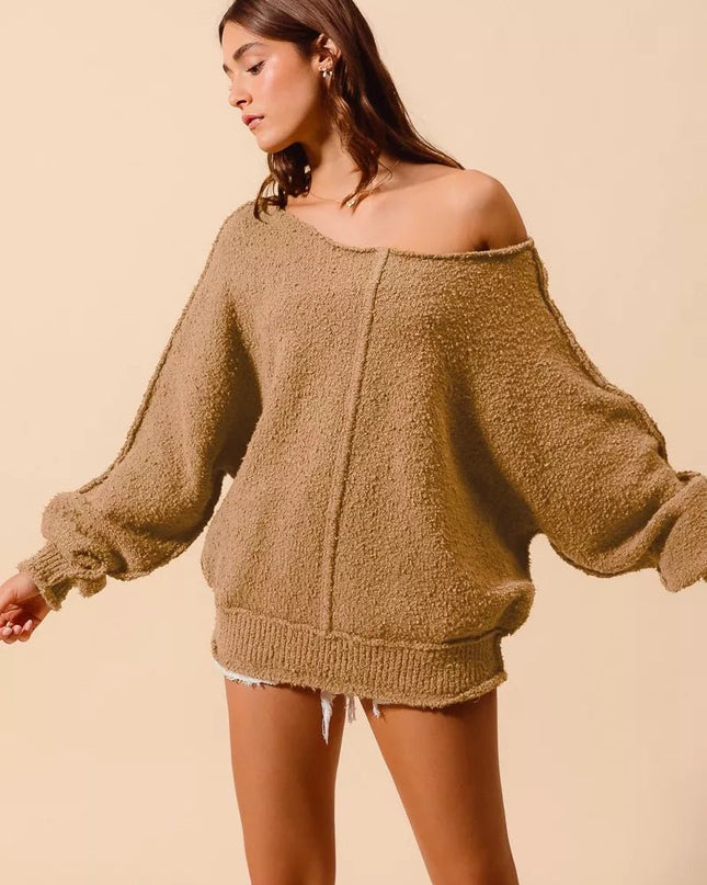 SO ME Loose Fit Exposed Seam Slouchy Boucle Sweater - Sleekdenim.com