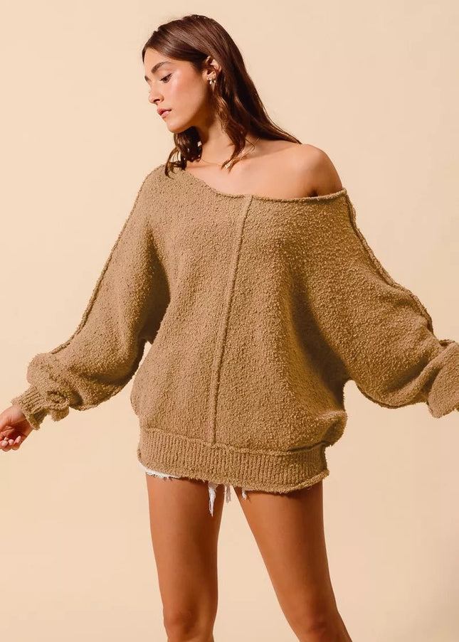 SO ME Loose Fit Exposed Seam Slouchy Boucle Sweater - Sleekdenim.com