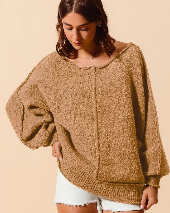 SO ME Loose Fit Exposed Seam Slouchy Boucle Sweater - Sleekdenim.com