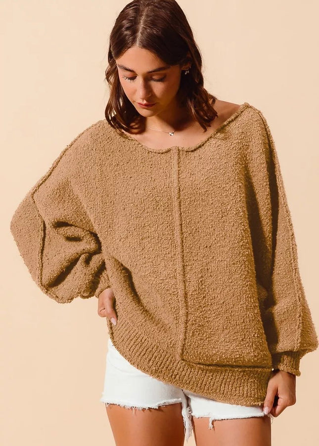 SO ME Loose Fit Exposed Seam Slouchy Boucle Sweater - Sleekdenim.com