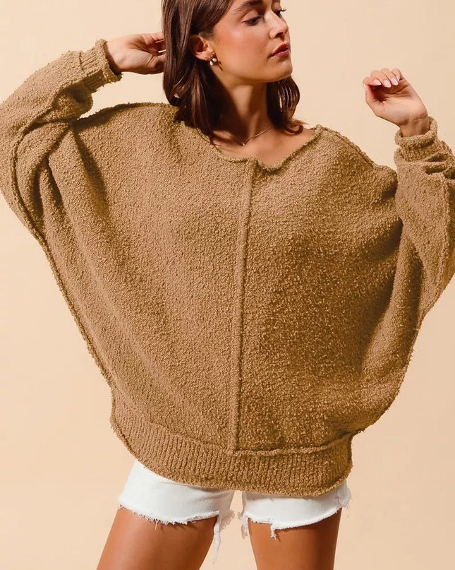 SO ME Loose Fit Exposed Seam Slouchy Boucle Sweater - Sleekdenim.com