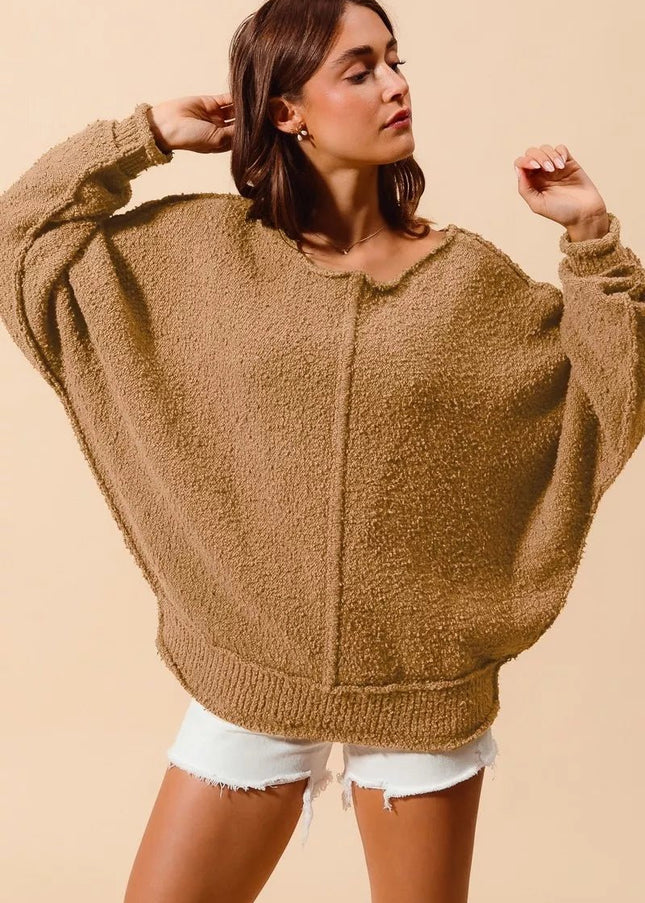 SO ME Loose Fit Exposed Seam Slouchy Boucle Sweater - Sleekdenim.com