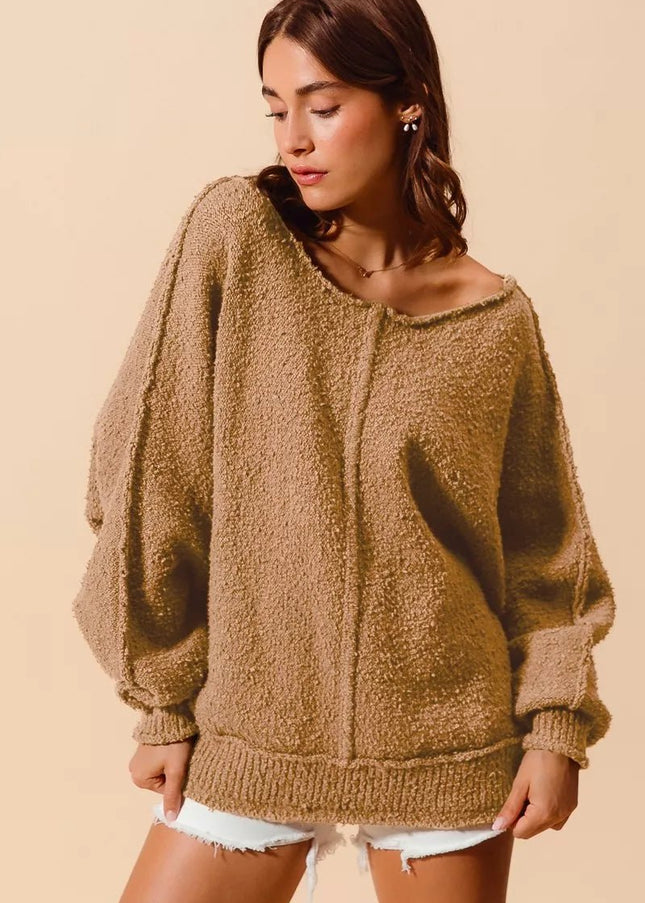 SO ME Loose Fit Exposed Seam Slouchy Boucle Sweater - Sleekdenim.com