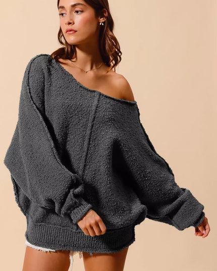 SO ME Loose Fit Exposed Seam Slouchy Boucle Sweater - Sleekdenim.com