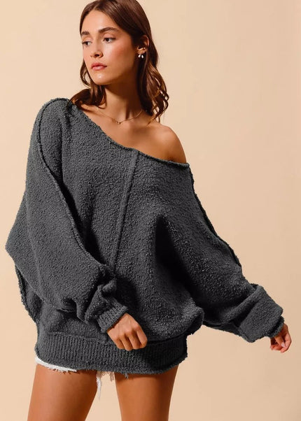 SO ME Loose Fit Exposed Seam Slouchy Boucle Sweater - Sleekdenim.com