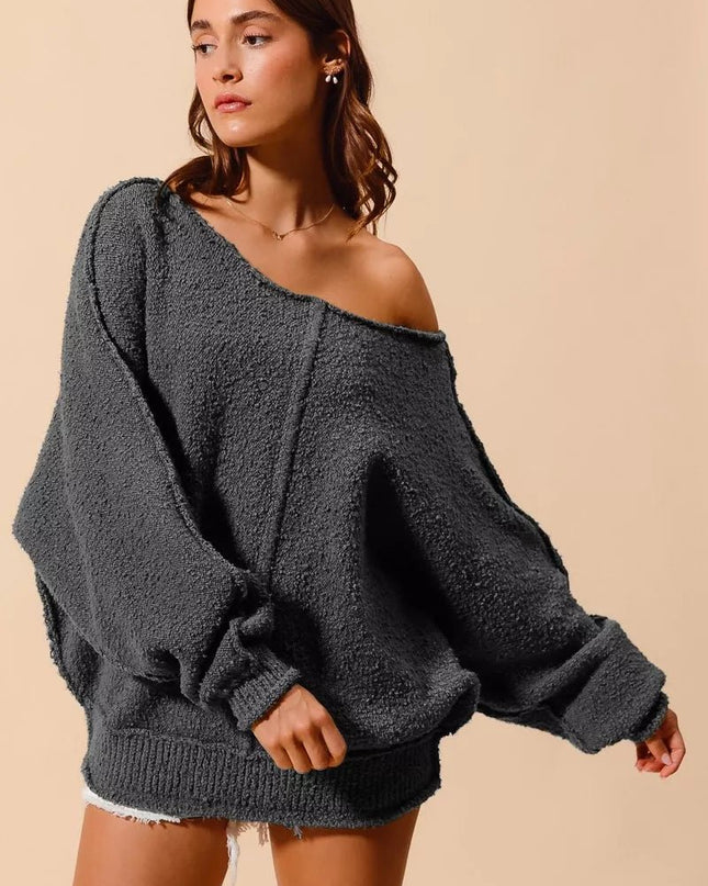 SO ME Loose Fit Exposed Seam Slouchy Boucle Sweater - Sleekdenim.com