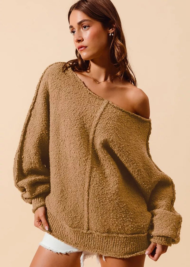 SO ME Loose Fit Exposed Seam Slouchy Boucle Sweater - Sleekdenim.com