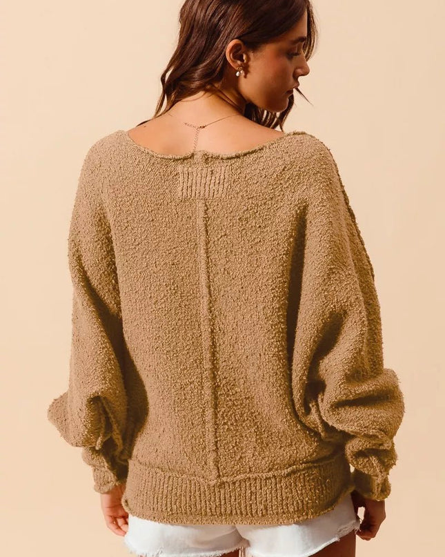 SO ME Loose Fit Exposed Seam Slouchy Boucle Sweater - Sleekdenim.com