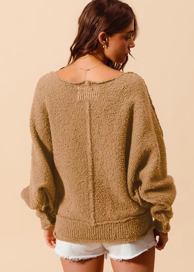 SO ME Loose Fit Exposed Seam Slouchy Boucle Sweater - Sleekdenim.com