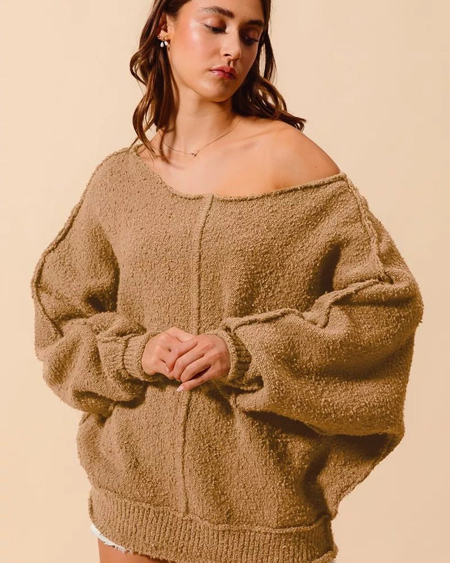 SO ME Loose Fit Exposed Seam Slouchy Boucle Sweater - Sleekdenim.com