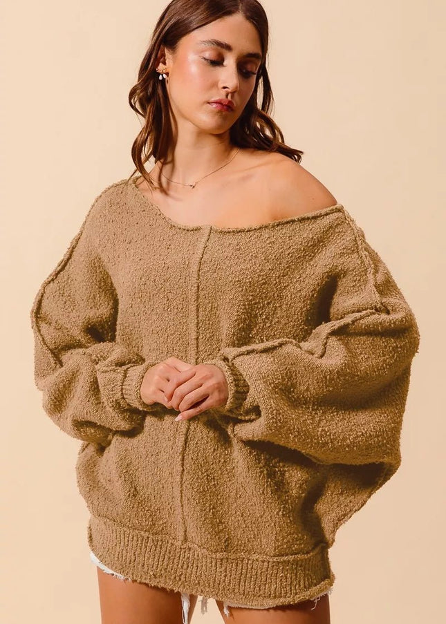 SO ME Loose Fit Exposed Seam Slouchy Boucle Sweater - Sleekdenim.com