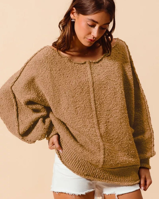 SO ME Loose Fit Exposed Seam Slouchy Boucle Sweater - Sleekdenim.com