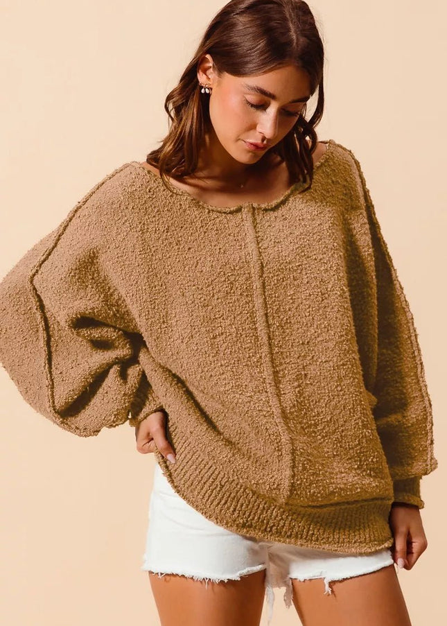 SO ME Loose Fit Exposed Seam Slouchy Boucle Sweater - Sleekdenim.com