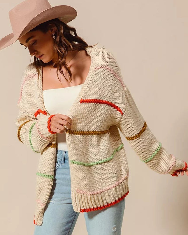 SO ME Loose Fit Multi Stripe Open Front Cardigan - Sleekdenim.com